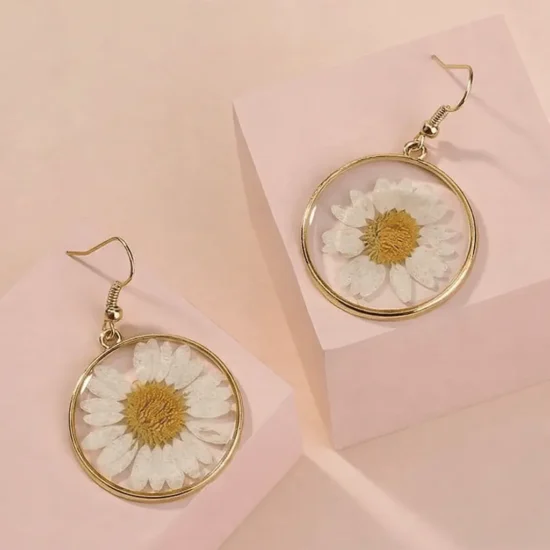 Real Flower Daisy Dangle Earrings